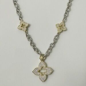 14K Gold Plated Cubic Zirconia Pave Clover Two Tone Three Charm Necklace